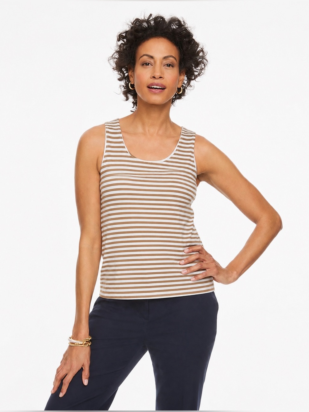 NEW Talbots Pima Cotton Sleeveless Tank Top Shirt Tan Striped 679
